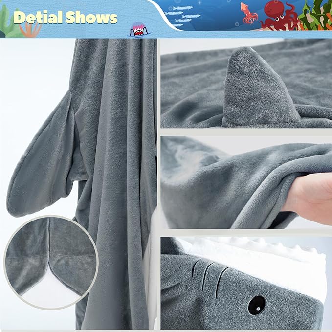 Touchat Shark Blanket for Adult Super Soft Cozy Flannel Throw Wearable Blanket, Cartoon Animals Shark Onesie Hoodie, Sleeping Bag Cosplay Shark Costume Blanket Gifts for Shark Lovers (Grey, M)
