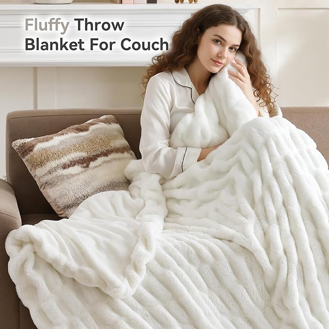 Smoofy Cream White Throw Blanket for Couch – Ultra Soft Cozy Plush Fluffy Blanket with Faux Rabbit Fur, Fuzzy Lightweight Fleece for Sofa, Bed & Office, Gift for Women, Home Room Decor Throw 50"x 60"