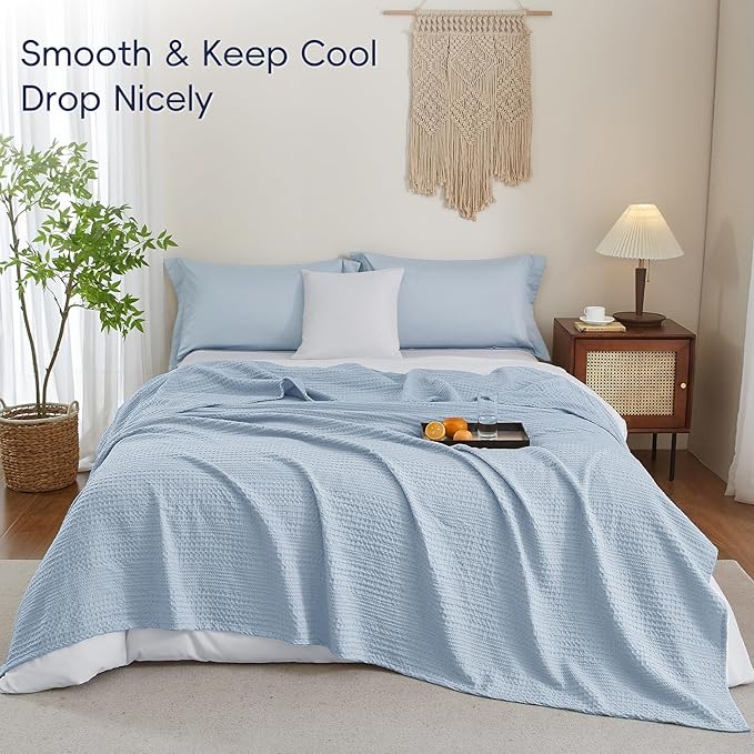 PHF Lightweight Waffle Weave Blanket Queen Size, Breathable & Ultra Soft, 90"x 90" Soft & Cozy Thin Blanket for All Season & Hot Sleepers, Bed, Home Decor - Sky Blue