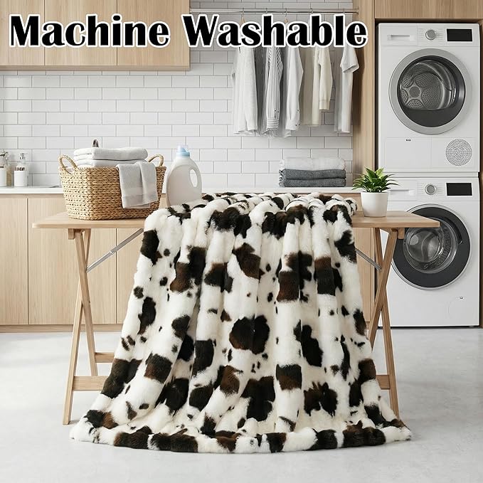 Cow Print Faux Fur Twin Blanket, Cozy Fluffy Ultra Soft Blanket Plush Fuzzy for Couch Travel Spring Camping Home Leisure Bedroom Boho Decor, Easy Care, Ideal Gift for New Mom Women, 60x80