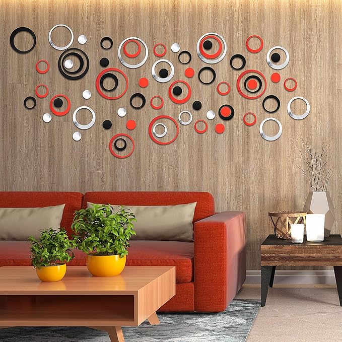 Outus 72 Pieces Acrylic Circle Mirror Wall Sticker Round Wall Decor Decals Removable DIY Adhesive for Living Room Bedroom Home Decoration (Black,Sliver,Red)