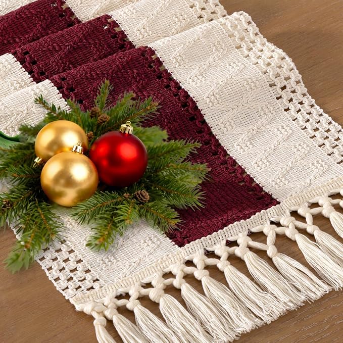 Socomi Boho Table Runner Easter Spring Farmhouse Rustic Dining Kitchen Centerpiece Decor Small Macrame Woven Cotton Linen Coffee Table Runner for Dresser Scarf Home Decor 12x72 in Burgundy Ivory