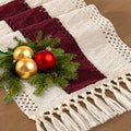 Socomi Boho Table Runner Easter Spring Farmhouse Rustic Dining Kitchen Centerpiece Decor Small Macrame Woven Cotton Linen Coffee Table Runner for Dresser Scarf Home Decor 12x36 in Burgundy Ivory