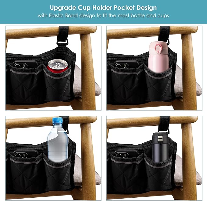 SHIDOW Wheelchair Side Bag, Bedside Caddy Hanging Bed Organizer Storage Bag, 4 Pockets, for College Dorm Rooms Hospital Rails Bed (Black)