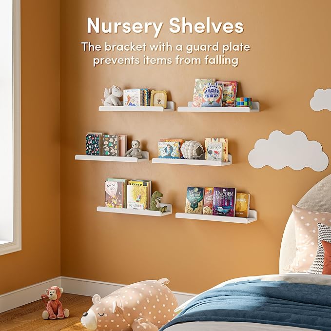 16’’White Floating Shelves for Wall with Anti-Crash Design Set of 6,Nursery Book Shelves for Room Decor/Storage/Display,Hanging Wall Shelves for Bedroom, Bathroom, Living Room,Kids Room