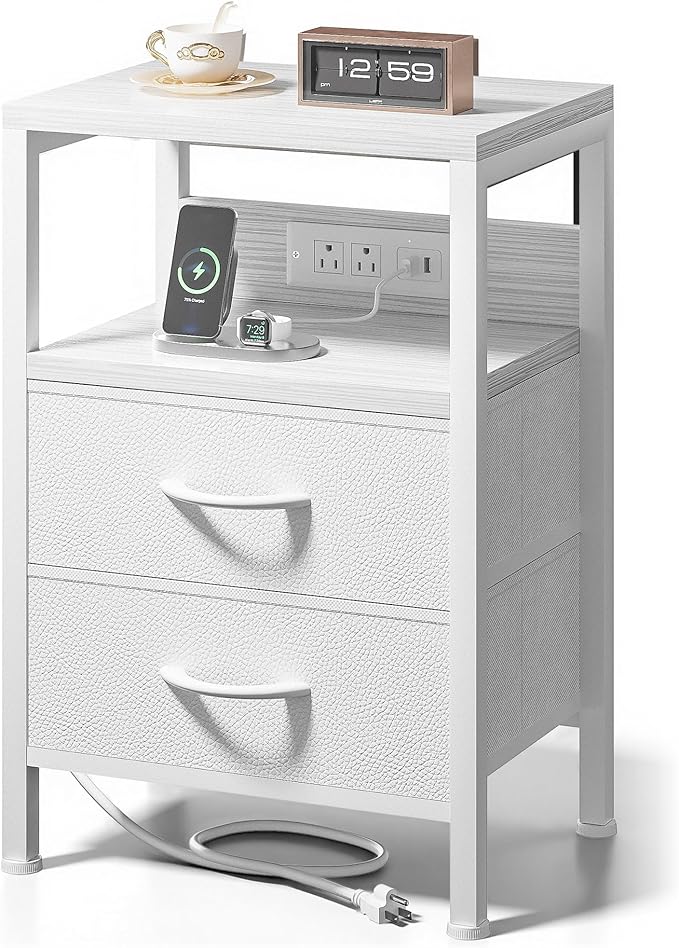 NightStand Bedside Charging Table Bedroom - Night Stand with Charger Station, White Modern Bed Side End Table with Open Shelf & 2 Fabric Drawers, USB-C Port & AC Outlets for Dorm, Living Room