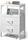 NightStand Bedside Charging Table Bedroom - Night Stand with Charger Station, White Modern Bed Side End Table with Open Shelf & 2 Fabric Drawers, USB-C Port & AC Outlets for Dorm, Living Room