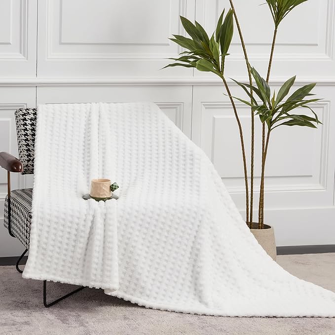 Soft Cozy Fuzzy Fleece Throw Blanket, Waffle Ivory White, 50x60 Inches – Lightweight, Fluffy, and Warm 3D Jacquard All-Season Blanket for Couch, Bed, Sofa, Home Decor, Camping, and Travel