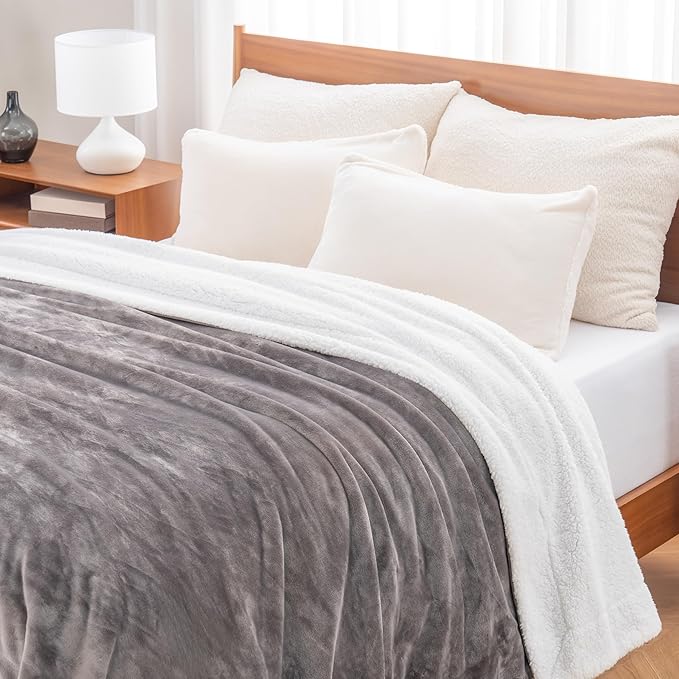 Berkshire Blanket-Sherpa Fleece Blanket, Warm and Soft Loftmink Reversible Blanket for Bed, Sofa and Travel, Charcoal Grey, 90 in x 90 in