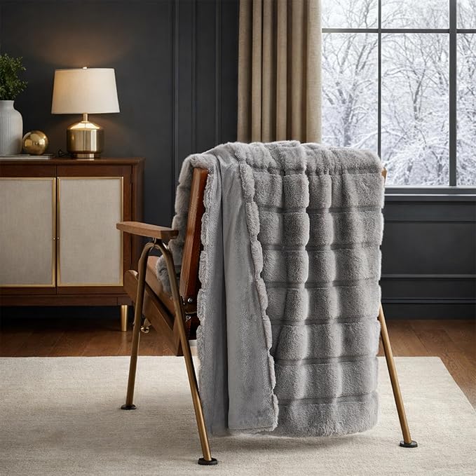 Cozy Bliss Deluxe Sheared Rabbit Faux Fur Throw Blanket, Soft Fuzzy High-Low Sculpted Plush Blanket for Couch, Cozy Home Accent, All Season Use, Grey 50"x60"