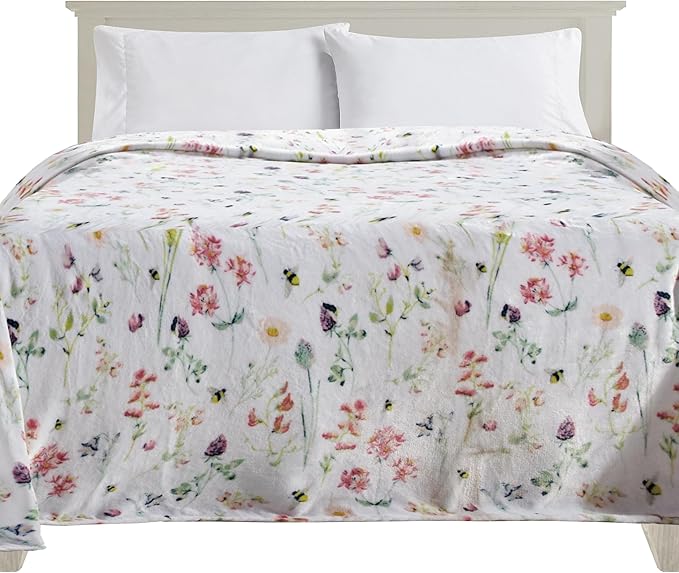 Elegant Comfort Ultra Soft Print Flannel Fleece Bed Blanket, Cozy-Fuzzy Lightweight Bedspread Coverlet, All Season Decorative Blanket for Couch, Sofa, Floral Design, King Size, Bloom