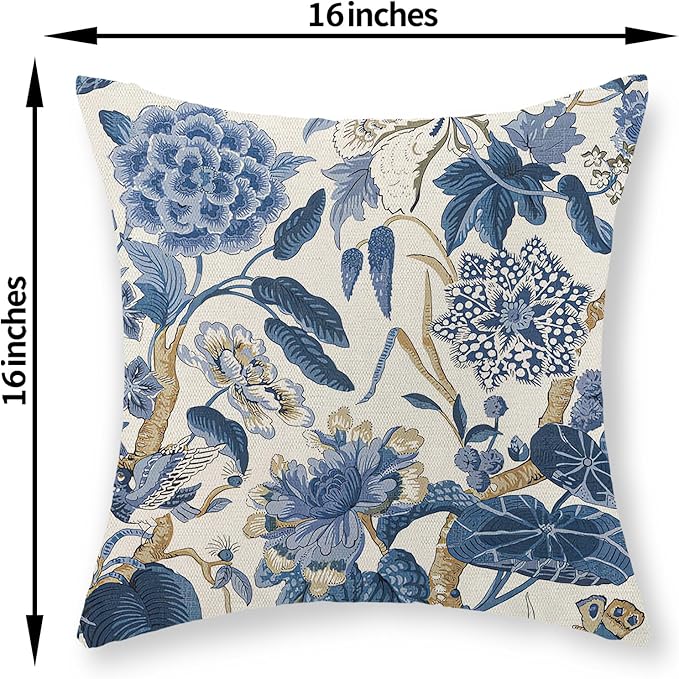 Blue Pillow Covers 16x16 Inch Set of 2 Vintage Blue Floral Throw Pillows Chinoiserie Flower Decorative Pillow Cases Outdoor Linen Farmhouse Cushion Cover for Couch Home Sofa Bed Decorations