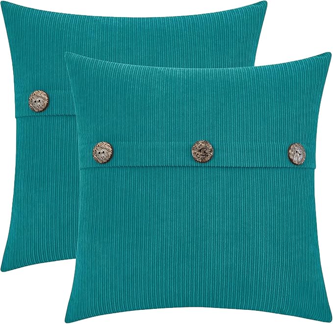 HWY 50 Teal Chenille Throw Pillow Covers 22x22 Inch with Triple Buttons, Soft Farmhouse Accent Decorative Cushion Cases for Couch Sofa Bed Living Room Pack of 2