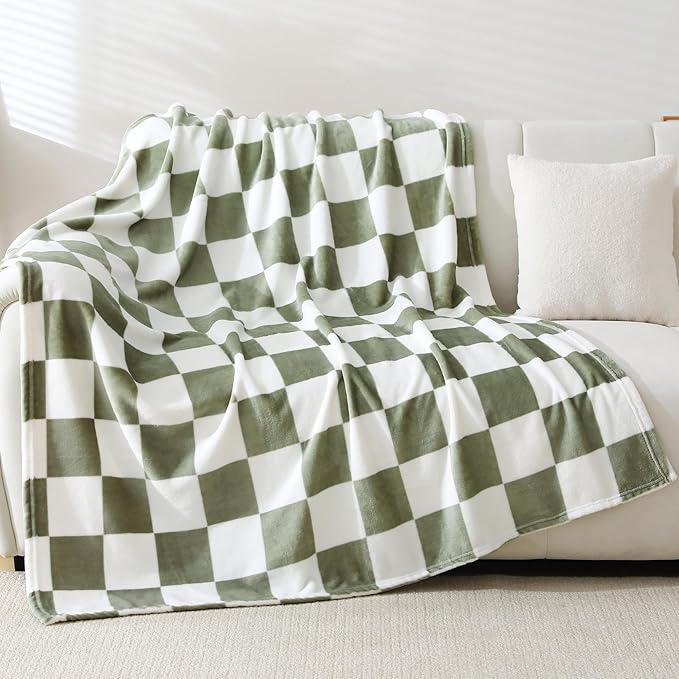 Viviland Checkered Throw Blanket, Sage Green Microfiber Soft Cozy Fluffy Warm Throw Blankets for Couch, Sofa, Chair, Bed, Camping, Picnic, Travel Lightweight Bed Blanket - 50x60 inches