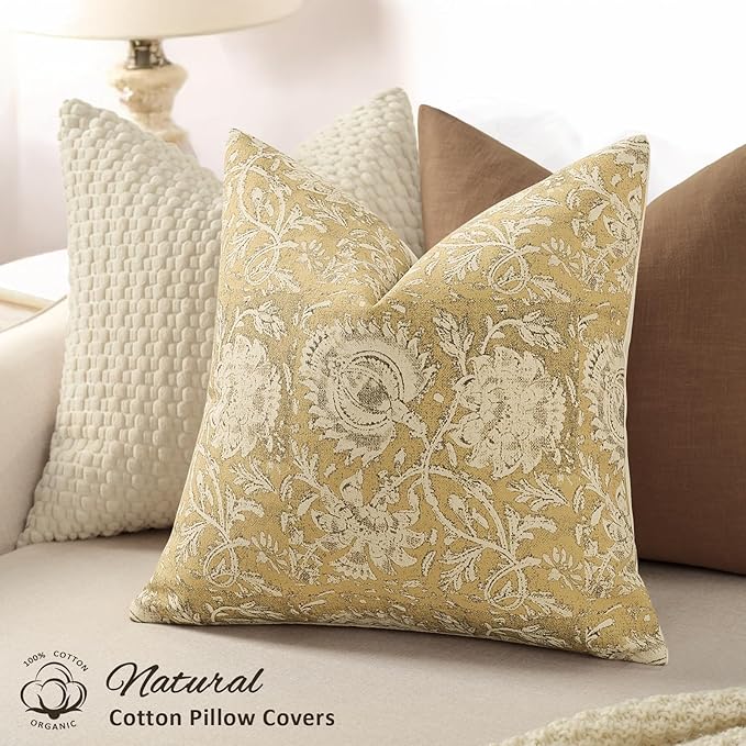 Vintage Floral Print Throw Pillow Covers 22x22 Set of 2 Neutral Modern Farmhouse Pillowcases Accent Decorative Cushion Covers Boho Home Decor for Couch Sofa Chair Bed Living Room, Yellow