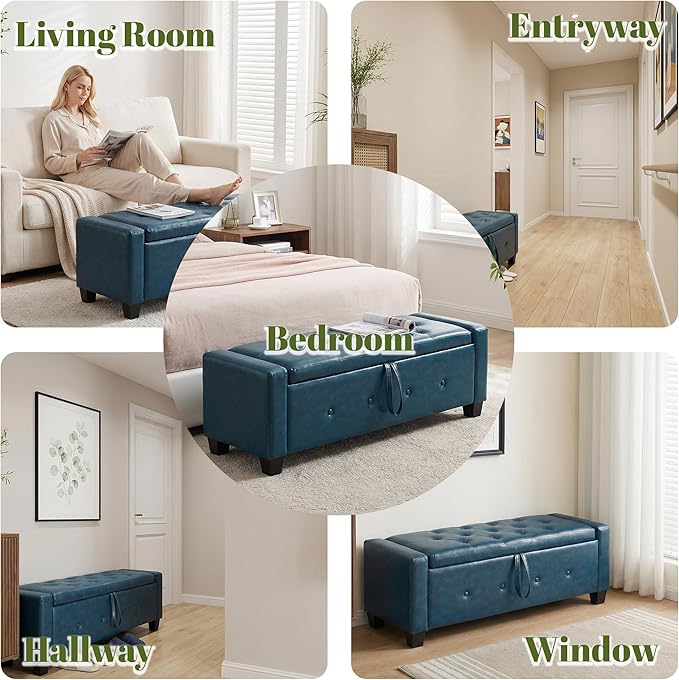 48" PU Leather Storage Ottoman Benches for Bedroom,Tufted Ottomans with Storage for Living Room,Mid Century Modern Bench with Seating for Entryway,Window,Bedside (PU Blue, 48 inch)