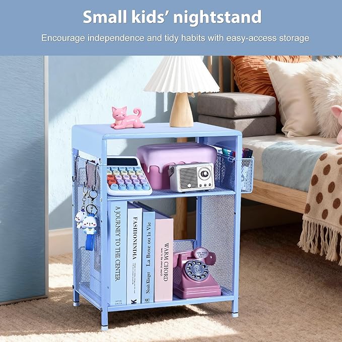Kids Nightstand, 3-Tier Metal Side Table with Adjustable Storage Shelf, Basket & 3 S-Hooks, Small Bedside Table for Nursery, Toddler Bedroom and Small Spaces (Blue)
