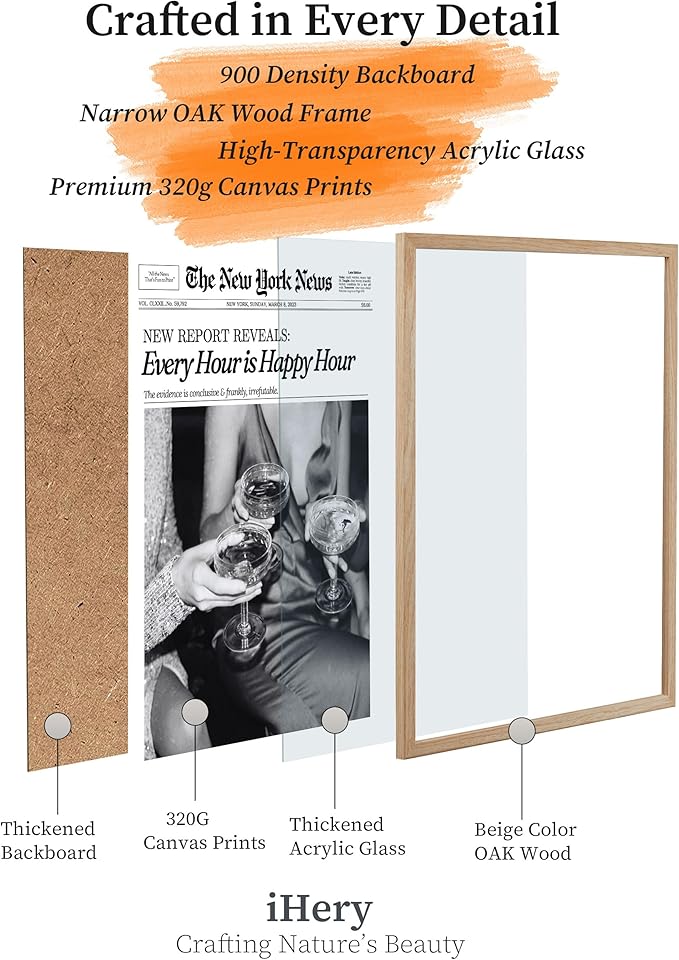 iHery Every Hour is Happy Hour Framed Trendy NewsPaper Wall Art, Natural OAK Wood 12x16in Canvas Wall Decor For Bedroom, Retro New York News Prints Posters for Girl Dorm Living Room Home 1Pack