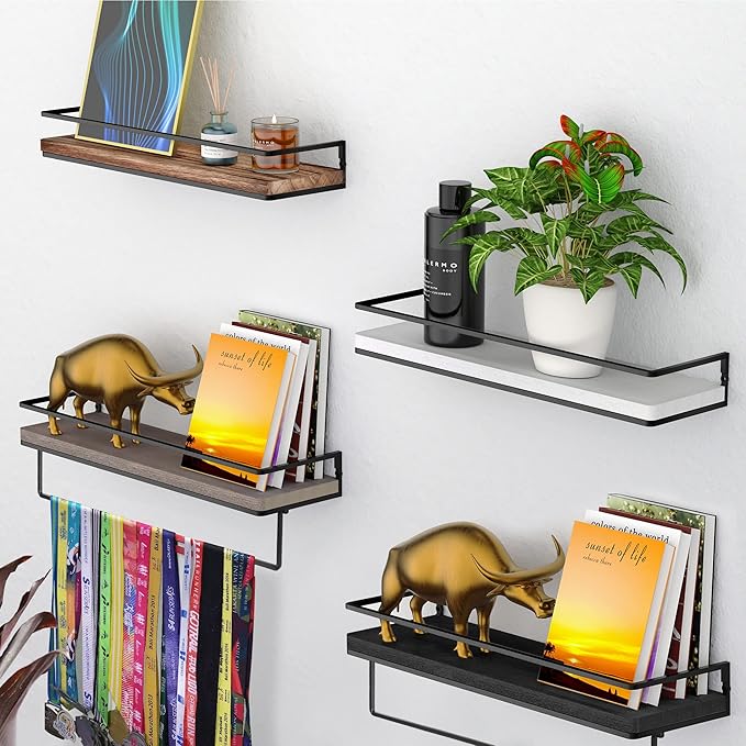 Meangood Floating Shelves Wall Mounted Set of 2, Wall Shelf with Towel Bar Rustic Wood Wall Storage Shelves for Bedroom,Living Room,Bathroom, Kitchen White