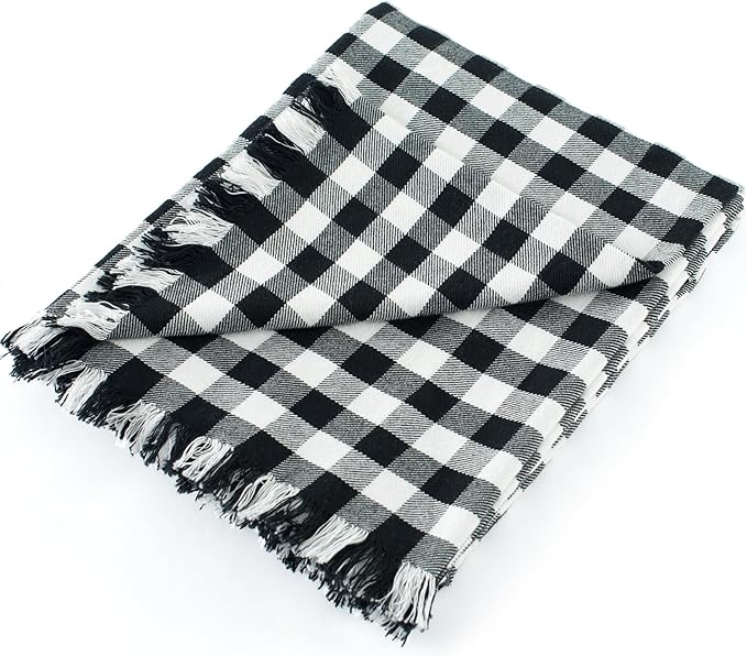100% Cotton Throw Blanket Plaid Soft Lightweight Cozy Farmhouse Tassels Summer Thin Breathable Throws for Couch Sofa Bed (50" × 60" Black)