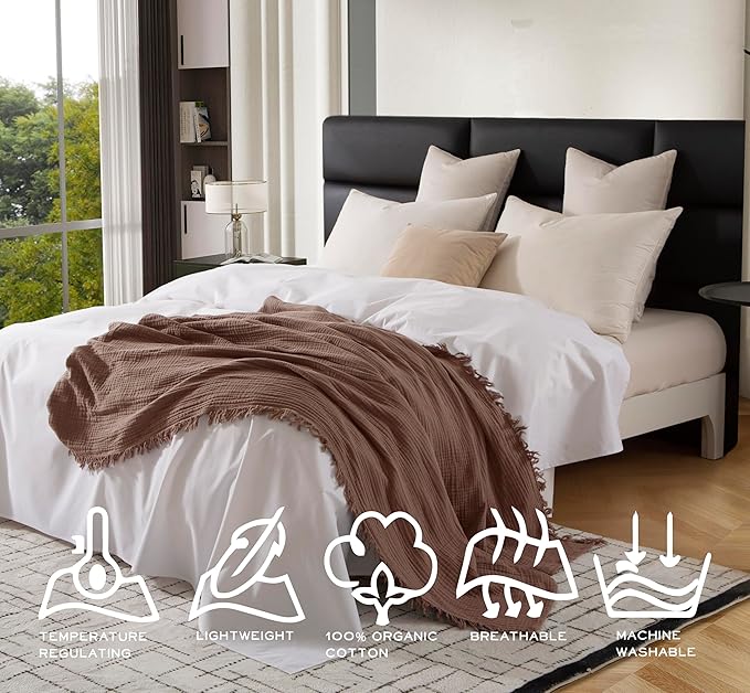 KyraHome 100% Cotton Throw Blankets, 90“x90” Queen, Organic Cotton Blanket, Plant Dyed, Breathable Lightweight Muslin Blankets for Adult, Kids, Bed, Couch, All Season, (Brown)