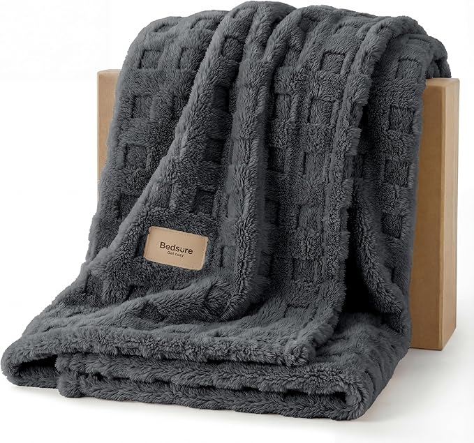 Bedsure Waffle Throw Blanket for Couch - Dark Grey GentleSoft Fluffy Checkered Blanket for Sofa Bed Room Decor, Super Cozy Fleece Throw for Women, Warm Cute All Season Gift, 50x60 Inches