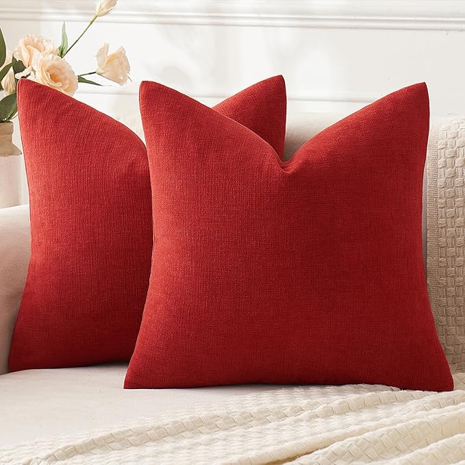 MIULEE Red Couch Pillow Covers 18x18 Inch, Set of 2 Soft Chenille Decorative Square Throw Pillow Covers Farmhouse for Sofa Living Room Bed