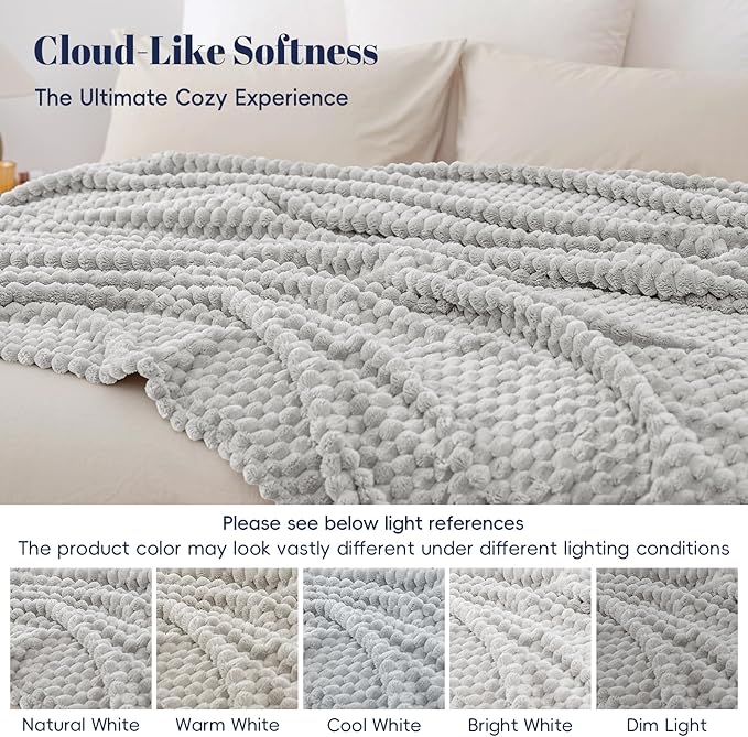 PHF Ultra Soft Flannel Fleece Blanket Queen Size, Lightweight 3D Jacquard Fleece Blanket, No Shedding, No Pilling, Luxury 340GSM Aesthetic Fluffy Cozy for Bed Room Decor, 90"x90", Light Grey
