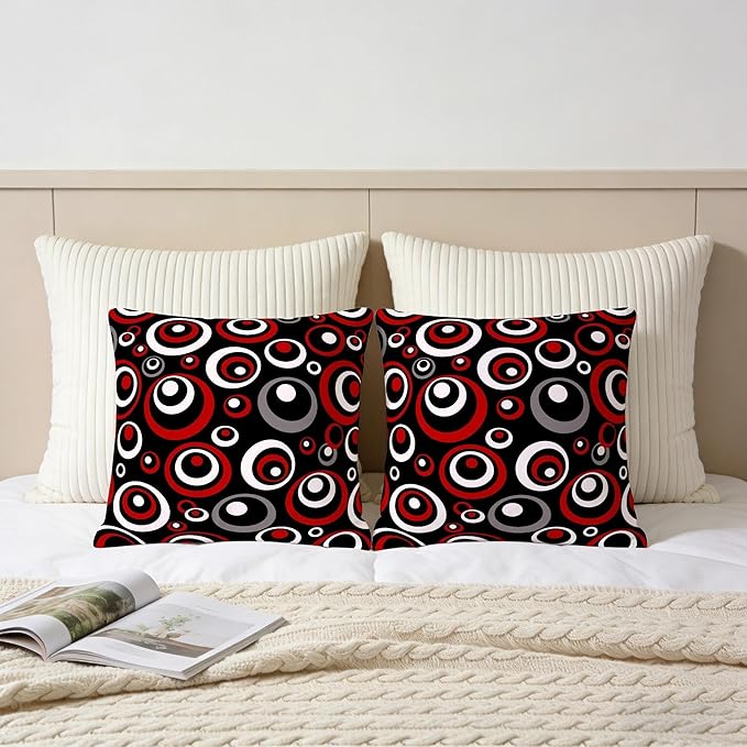 Red and Black Circular Pattern Throw Pillows Covers 18x18 Inch Set of 2, Gray Modern Abstract Pillowcases, Grey Geometric Circle Cushion Covers for Sofa Living Room Couch Bedroom, Modern Home Decor