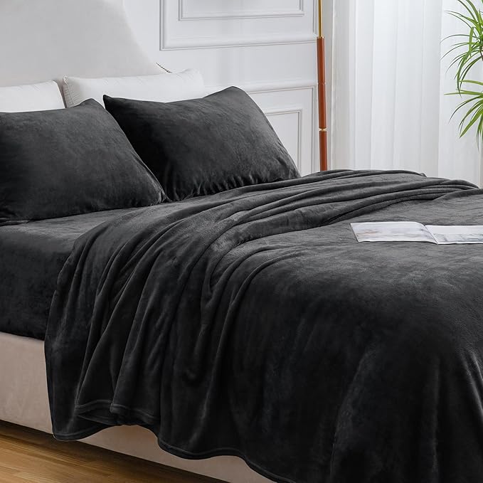 BEDELITE Flannel Sheets Queen Size Black - Super Soft Fleece Sheets Set Fluffy Extra Plush, 4 Piece(Include Fitted Sheet, Flat Sheet, 2 Pillowcases)