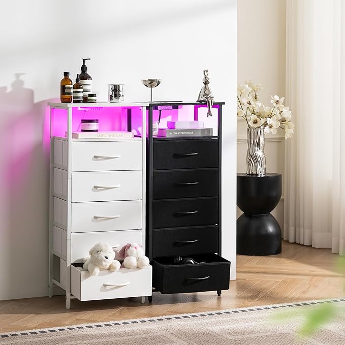 Yoobure 5 Drawers Dresser for Bedroom, Tall Nightstand with Charging Station, Fabric Dresser for Closet with Storage Shelf, Vertical Dressers Chest LED Night Stand, Bedside Table for Dorm Living Room