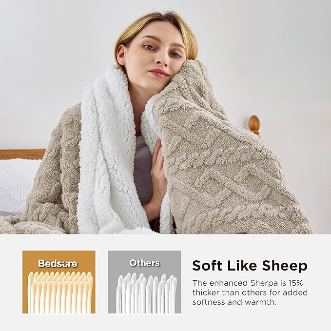 Bedsure Gentlesoft Sherpa Fleece Blanket Twin Size for Bed - Fluffy & Cozy Cable Jacquard Tufted for Women Gift, Thick and Warm Christmas Blanket for Winter, Beige, 60x80 Inches