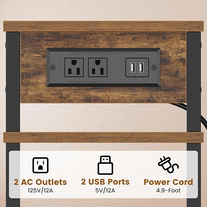 Side Table with Charging Station, End Tables Living Room, 21.7 Inch Skinny Night Stand with Storage, Small Bedside Tables for Bedroom, Office, Dorm, Hallway, Rustic Brown