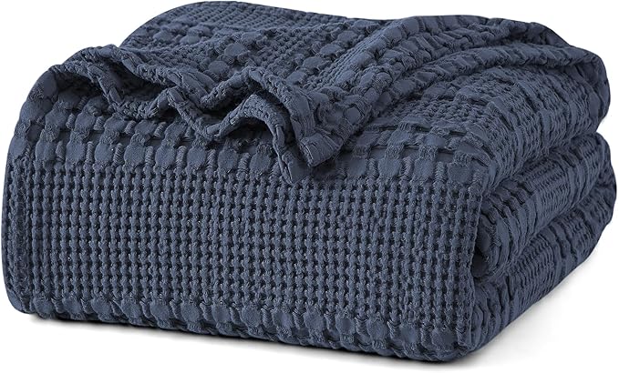 PHF 100% Cotton Waffle Weave Blanket Twin Size for Bed, Soft Lightweight & Breathable for Spring and Summer, All-Season Comfort, Luxury Aesthetic Blanket for Home Decor, 66"x90", Indigo