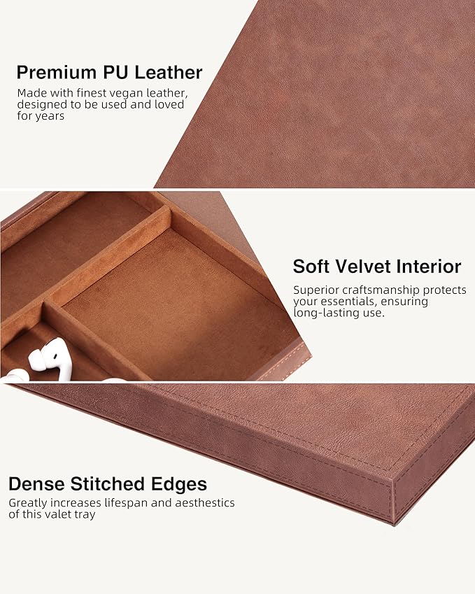 Valet Tray with Wireless Charger, Nightstand Organizer for Men, EDC Catchall Tray for Keys, Watch, Wallet, Jewellery, Premium Vegan Leather, Bedside Caddy, Stylish and Organized, Brown