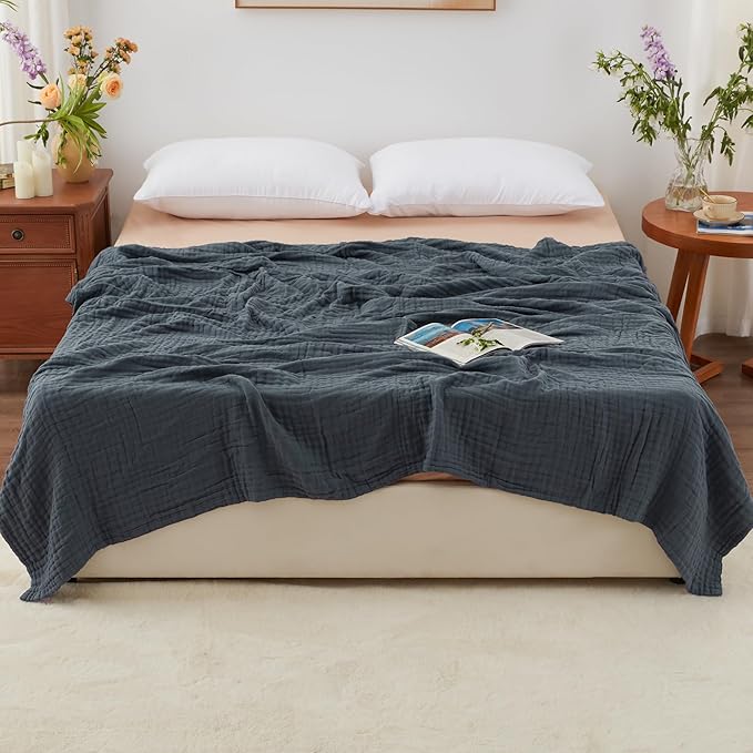 Love's cabin 100% Cotton Muslin Blanket, 6 Layer Lightweight Breathable Gauze Queen Size Blanket 90 x 90 Inches, Soft All Season Blanket for Bed, Dark Grey