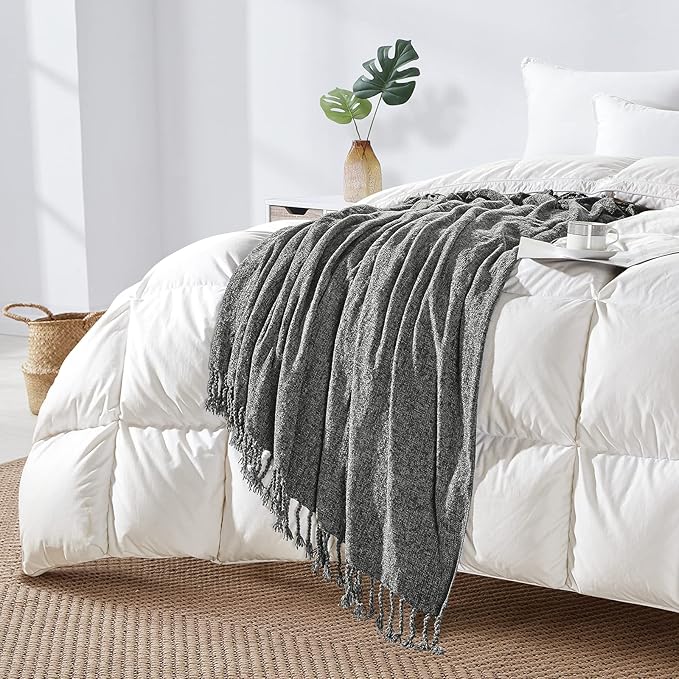 BOURINA Chenille Fluffy Throw Blanket with Decorative Fringe for Couch Cover Sofa Chair Blanket（50×60 Inches） Dark Grey