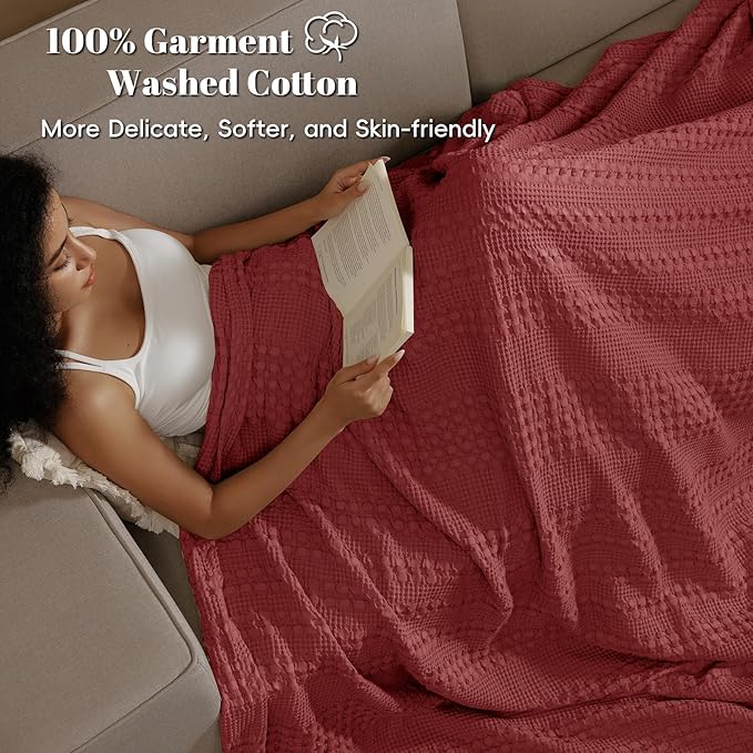 PHF 100% Cotton Waffle Weave Blanket Queen Size for Bed, Soft Lightweight & Breathable for Spring and Summer, All-Season Comfort, Luxury Aesthetic Blanket for Home Decor, 90"x90", Wine Red