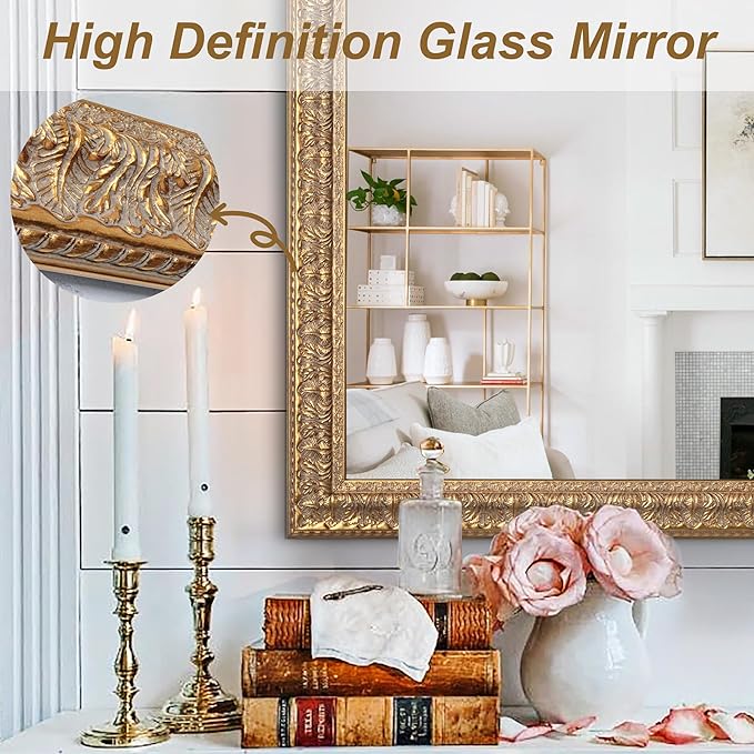 Chende 61"x31" Large Living Room Mirror for Decor, Gold Wall Mirror with Carved Wood Leaf Frame, Horizontal/Vertical Hanging, Unique Design, Bathroom, Bedroom, Dining Room, Entrance