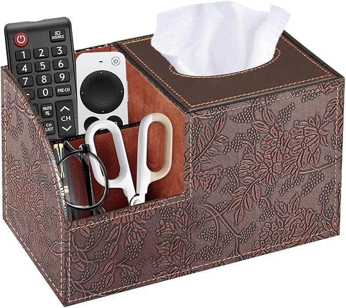 Fanousy Square Tissue Box Cover with Storage, PU Leather Cube Tissue Box Holder, Remote Control Nightstand Organizer, Modern Desk Caddy for End Table, Bathroom, Bedroom, Home, Office Decor