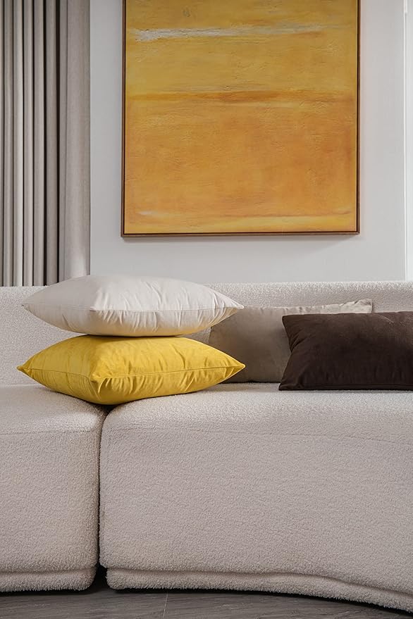 DEZENE Throw Pillow Covers 16x16 Yellow: Pack of 2 Cozy Soft Velvet Square Modern Luxury Decorative Throw Pillow Cases for Sofa Couch Living Room Bed Home Decor
