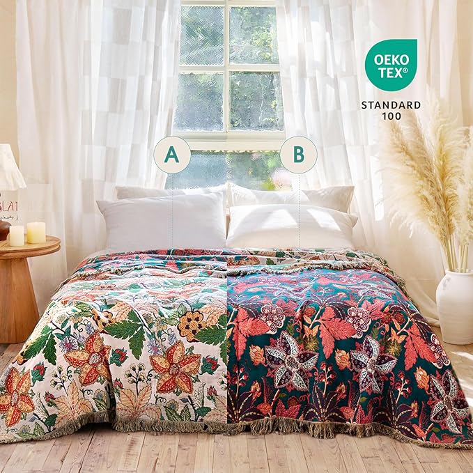 Boho Throw Blanket - 50"x60" 100% Cotton Soft Breathable Lightweight Bed Blanket, Reversible Muslin Spring Blankets Green Floral Farmhouse Decor Rustic Quilt for Bed Couch