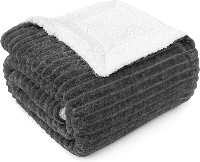 PAVILIA Grey Sherpa Fleece Throw Blanket for Couch, Soft Plush Fuzzy Blankets, Fluffy Flannel Sherpa Blanket for Sofa, Warm 3D Ribbed Winter Blanket Gift, 50x60 inches