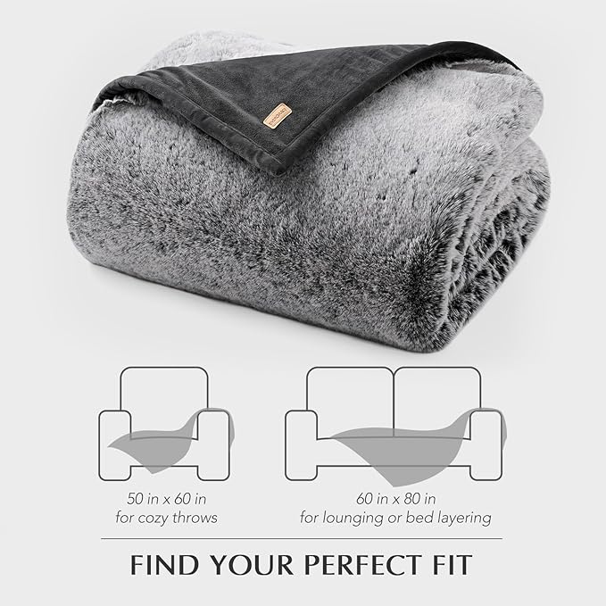 EVERGRACEHOME Luxury Soft Faux Chinchilla Fur Throw Blanket for Couch, Warm Thick Heavy Winter Throw Blanket 1220GSM for Bed, Fluffy Cozy Mink Blanket with Reversible Velvet, Onyx Mink, 60"x80"