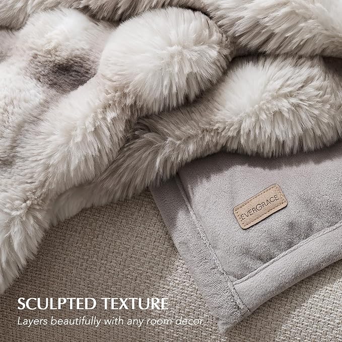 EverGrace Ultra Soft Luxury Fluffy Faux Rabbit Fur Throw Blanket, Thick Warm Bubble Throw for Bed, Cozy Plush Reversible Blankets for Couch, Chair, Sofa, Light Grey, 60x80 Inches