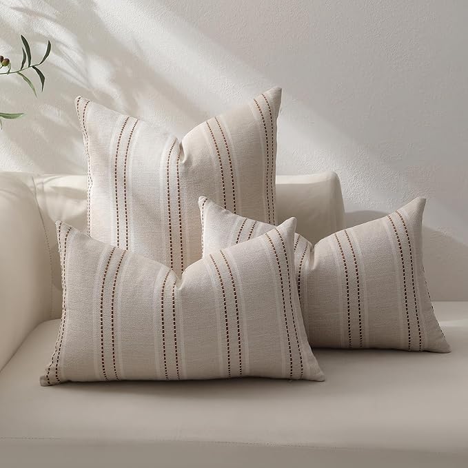 Hckot Fall Throw Pillow Covers 16x16 Set of 2 Striped Pillow Covers Textured Linen Decorative Pillows Square Cushion Covers for Sofa Couch Bed Living Room Farmhouse Decor(Caramel)