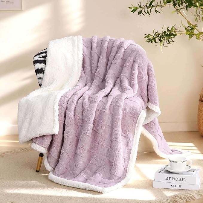 Sherpa Throw Blanket for Couch, Flannel Cozy Thick Soft Blanket for Bed - Fleece, Purple, 80x90 Inches