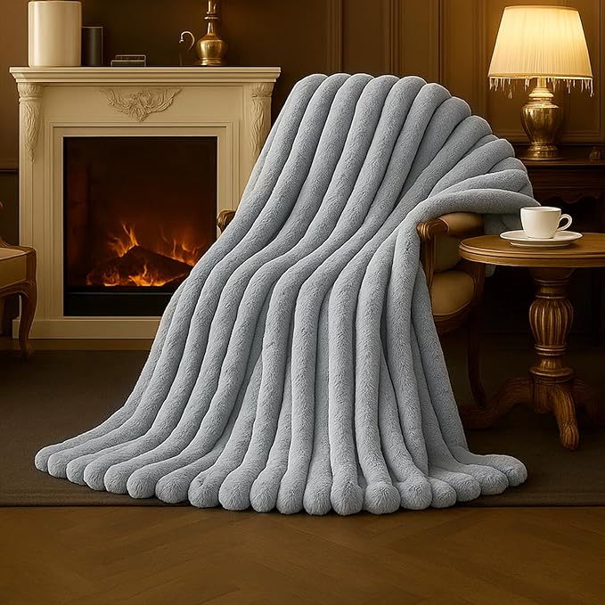 Amélie Home Faux Fur Throw Blanket for Couch, Cozy Fuzzy Fluffy Fur Luxurious Soft Striped Plush Gift Blankets for Family Sofa Chair Bedroom, 55"x70", Light Grey