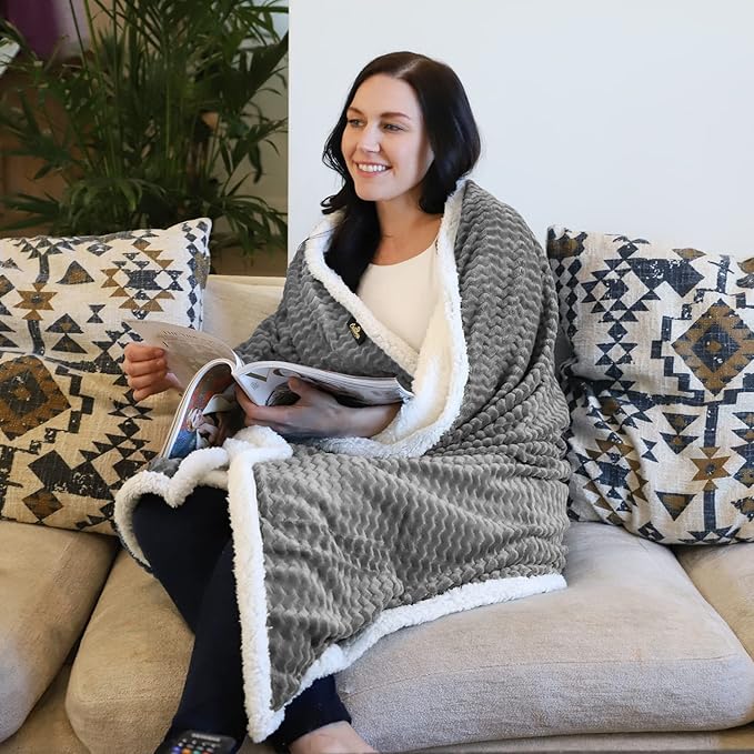 Catalonia Grey Sherpa Throws Blanket, Super Soft Comfy Fluffy Fuzzy Fleece Plush Blanket for Sofa Couch Bed Reversible All Season for Senior Adults, Chevron 50"x60"