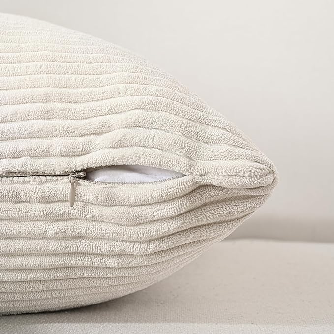 Volcanics Set of 4 Neutral Grey Corduroy Decorative Couch Throw Pillow Covers 18x18 Inch, Western Modern Farmhouse Striped Cushion Cases, Soft Boho Square Accent Pillow Covers for Home Sofa